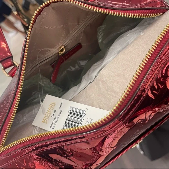 MICHAEL KORS Jet Set Medium Metallic Logo Debossed Satchel
Cherry 
NWT - Picture 9 of 16